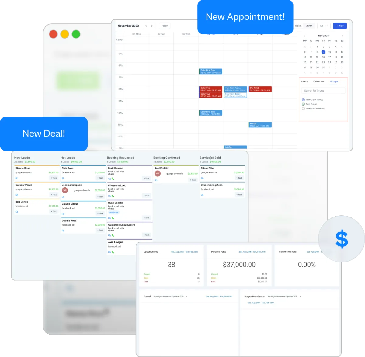 Strike to Scale CRM Dashboard showing calendar management, lead pipeline, booking system, and analytics all in one comprehensive interface